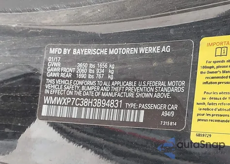 2017 Mini Hardtop Cooper S из США, поврежденный, VIN WMWXP7C38H3B94831